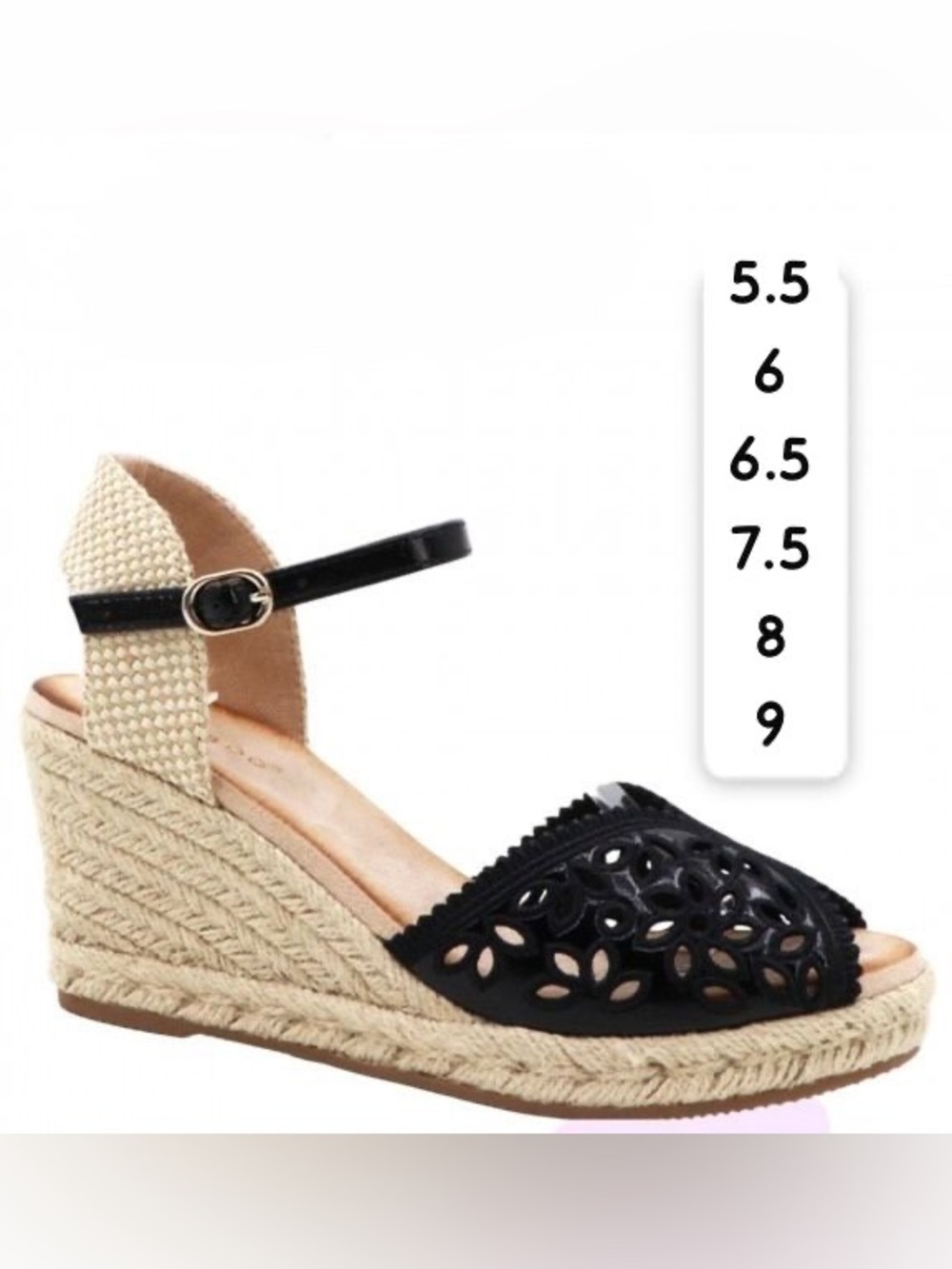 BAMBOO Wedge Espadrille Sandals with Black Laser-Cut Toe